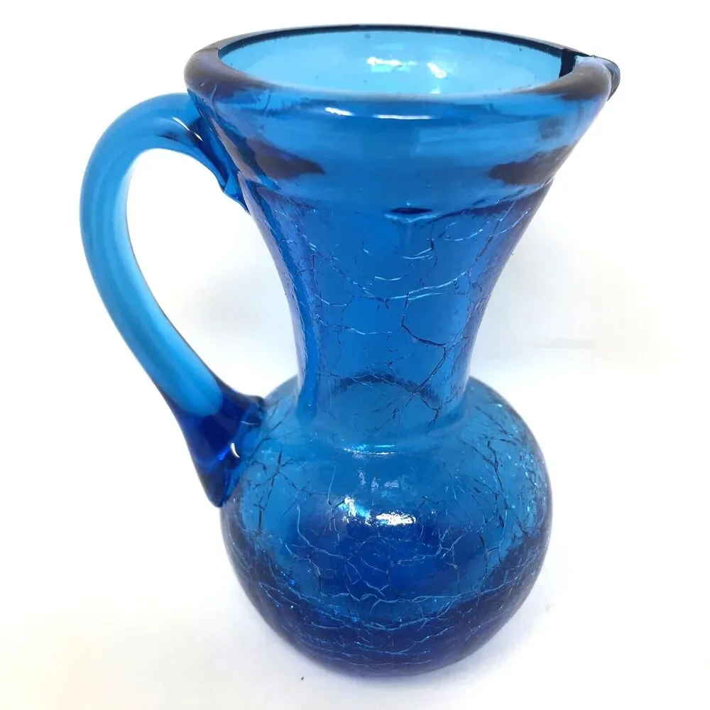 VTG Crackle Glass Mini Pitchers & Vase Hand Blown Art Glass Blue Red Lot of 3
